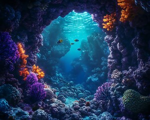 Naklejka premium Vibrant coral reef cave with colorful fish and sunlight.