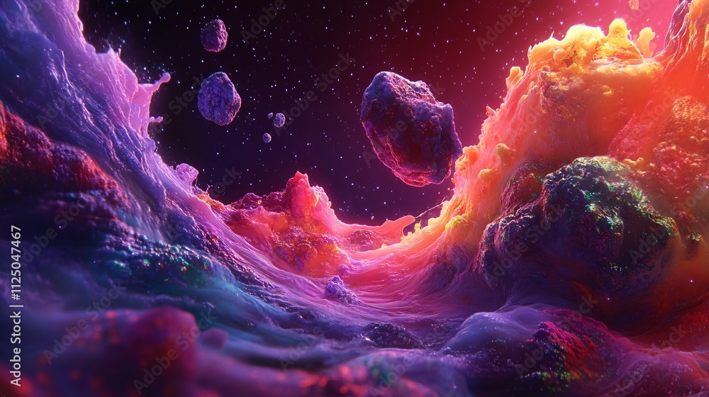 Poster colorful nebula clouds and asteroids floating in outer space