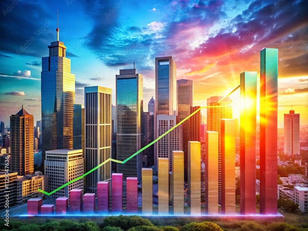 Poster colorful bar chart rising in progression signifying data growth and success in an urban environment 