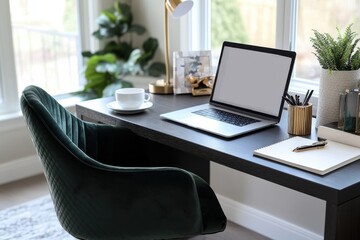 Fototapeta premium A warm and inviting home office featuring a laptop on a wooden desk, a comfortable green chair, and a cup of coffee, ideal for a productive day at work.
