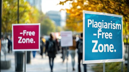 A poster promoting academic integrity with phrases like "Plagiarism-Free Zone."