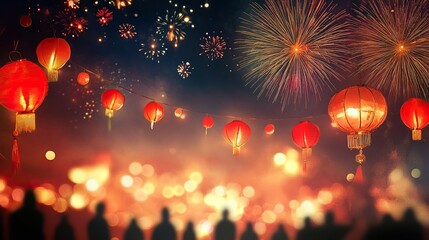 Vibrant red lanterns and dazzling fireworks illuminate the night sky in celebration of chinese new year festival concept
