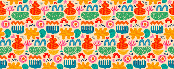 Abstract seamless pattern with color pencil shapes, figures and freeform blobs. Modern trendy vector seamless background with various plants and doodles in hand drawn color crayon pencil style.