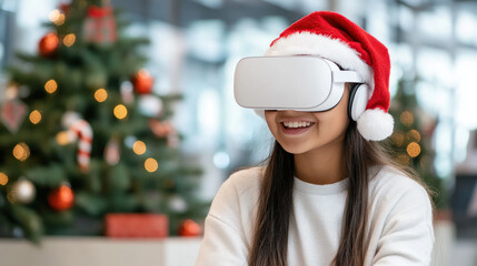Hispanic girl playing with gamer headset during christmas holiday