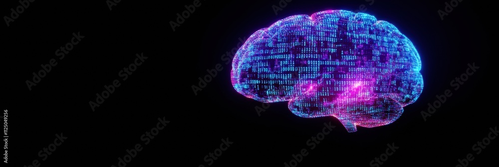 Poster glowing blue and purple digital brain constructed from grids and binary code, set against a dark bac