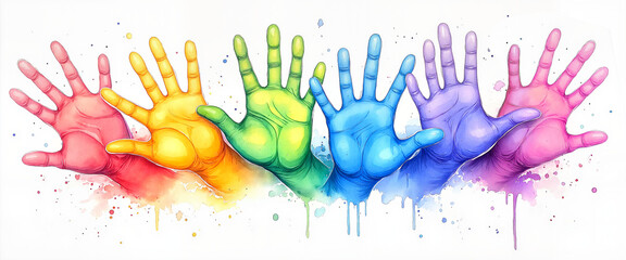 Colorful hands in rainbow hues for Holi festival celebration