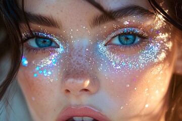 Close-up of vibrant blue eyes accentuated with shimmering holographic glitter, perfect for beauty and makeup inspiration.