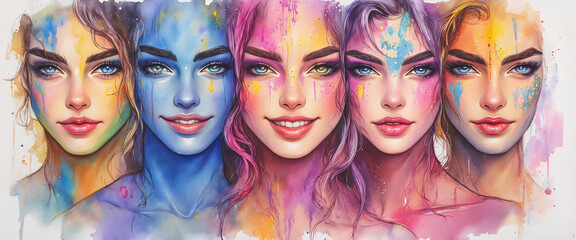Obraz premium Colorful faces celebrate Holi festival in vibrant portrait