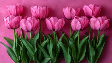 Obraz premium Vibrant pink tulips arranged beautifully against pink background, showcasing their delicate petals and lush green leaves, perfect for spring decor or floral design
