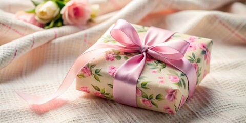 Floral Gift Box Pink Ribbon and Rose Design on Beige Fabric