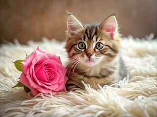 Cute Kitten Rose Carpet Love Pet Photography - Adorable Fluffy Cat & Flower