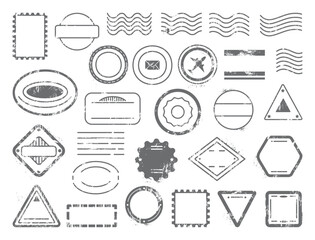 Empty postal stamps. Blank grunge stamp for post delivery, letters cards parcels. Vintage style travel insignia for passport, mail, documents, neoteric vector set
