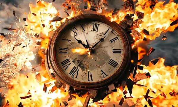 Burning Clock Amid Explosive Chaos