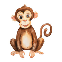 Obraz premium Adorable Watercolor Monkey Illustration Cute Primate Cartoon Jungle Animal Wildlife Baby Monkey
