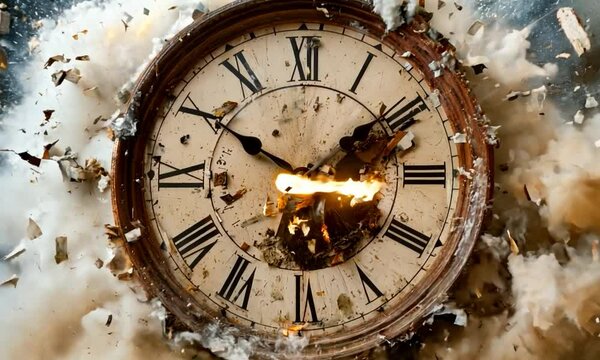 Burning Clock Amid Explosive Chaos
