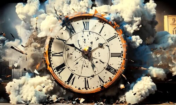 Burning Clock Amid Explosive Chaos