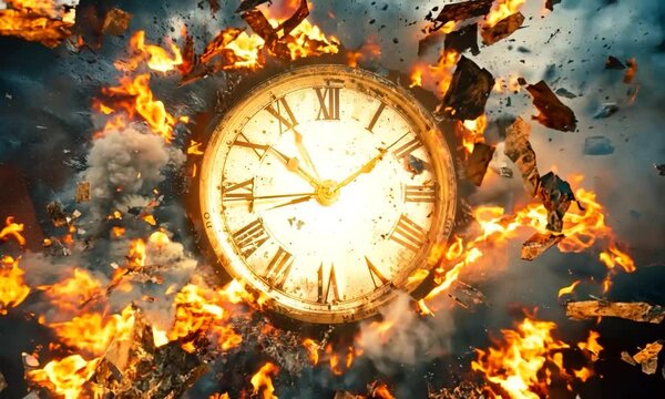 Burning Clock Amid Explosive Chaos