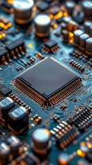 futuristic microchip with glowing neon circuits and intricate details, showcasing high-tech and advanced electronic design aesthetics