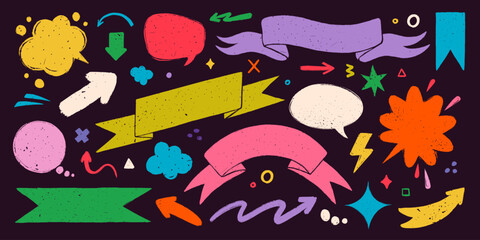 Ribbon banners and simple shapes in rough rustic style. Hand drawn vintage textured badges, banners, ribbon, flags, and other design elements for dark background. Hand-drawn infographic Vector.