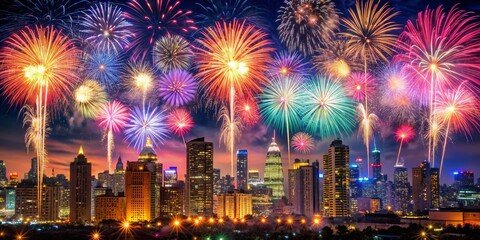 Obraz premium Cityscape Fireworks Display Nighttime Urban Scene with Vibrant Explosions