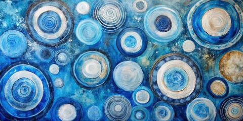 Celestial Concentric Circles Blue and White Abstract Acrylic Painting