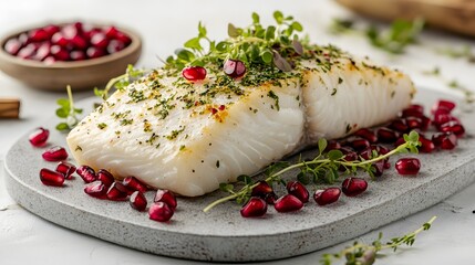 Barramundi elegantly plated with vibrant pomegranate seeds and fresh herbs, showcasing a delicious meal that combines flavor and aesthetics for a festive dining experience.