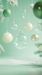 Delicate glass ornaments hang amidst a soft green backdrop, evoking a serene and festive holiday atmosphere.