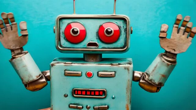 Retro toy robot with expressive eyes on blue background