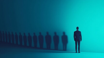 Businessman walking away from shadows on blue background