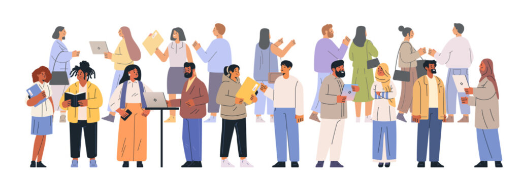 Diverse group collaboration business meeting concept. People engaged in discussions holding laptops and documents in casual attire on a white background