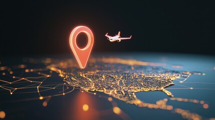 A glowing GPS marker hovering over a global map with an airplane icon.