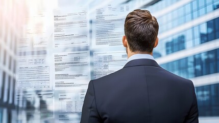 Fototapeta premium man in a formal suit, standing in front of an office building, with a double exposure of financial data, contract clauses, and pay scales, depicting the complexity of salary negotiation. [men's]:[sala