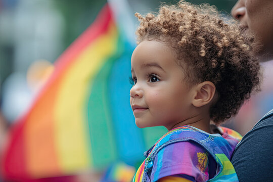 Parent attending a Pride event with a child, supporting LGBTQ+ visibility
