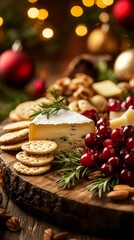 Delightful holiday cheese board featuring soft cheese, crackers, cranberries, and nuts, perfect for festive gatherings and celebrations.