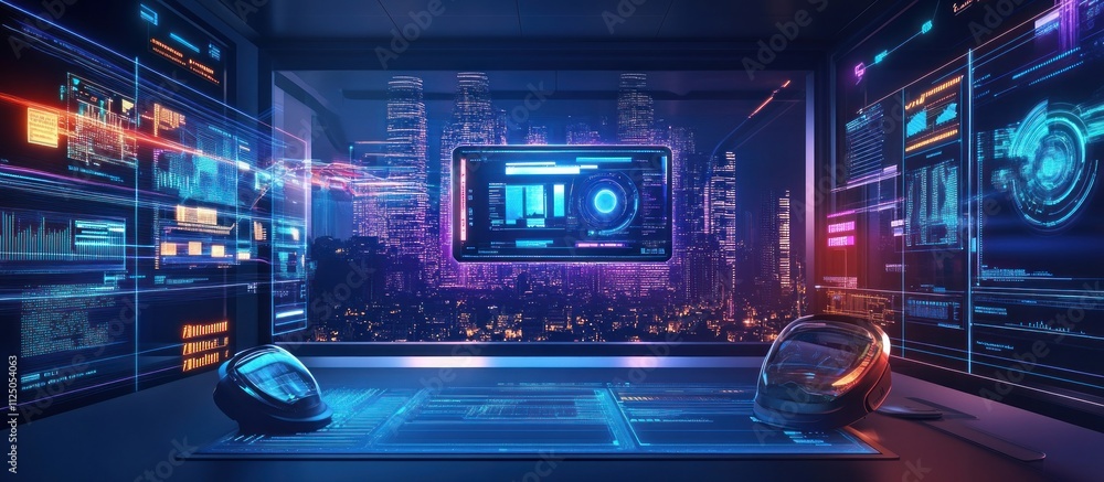 Poster futuristic tech control center with digital displays showing data and city view.