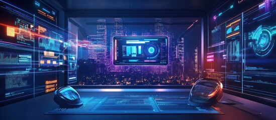 Obraz premium Futuristic tech control center with digital displays showing data and city view.