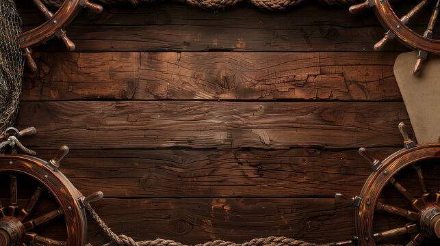 Nautical Theme textural antique background content slide, wooden ship  - rustic wood planks, captains wheel, nets, rope create a western or pirate theme concept - wallpaper, desktop	