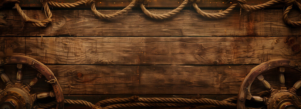 A textural antique background content slide with an old Wild West cowboy theme - rustic wood planks, a wooden wheel and rope create a western signage concept - wallpaper, desktop - widescreen, planks