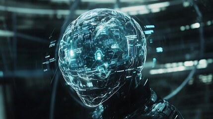 Futuristic AI head with digital data sphere.