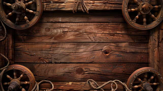 A textural antique background content slide with an old Wild West  cowboy theme - rustic wood planks, a wooden wheel and rope create a western signage concept - wallpaper, desktop - colonial