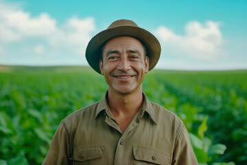 A farmer smiles against the backdrop of endless fields of tobacco. Business Agriculture concept. Advertising banner.