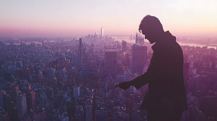 Fototapeta premium man's silhouette, shaking hands with another person, superimposed over a cityscape. [men's]:[salary negotiation] 