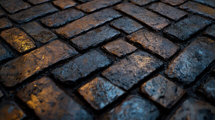 Textured cobblestone surface with dark, weathered appearance, ideal for backgrounds or product overlays. uneven stones create rustic and authentic feel