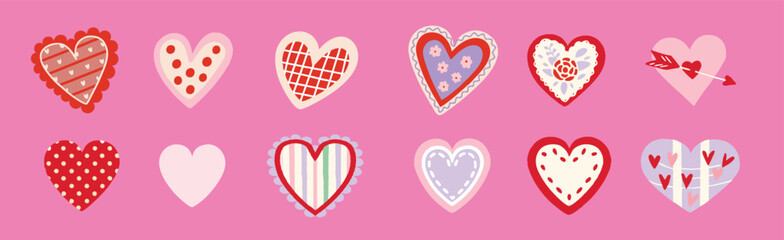 Set of valentine playful whimsical doodle style heart icon symbol, perfect for valentine's day designs on pink background.