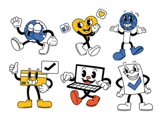 A set of retro mascot characters representing digital a concepts, tools, and analytics in a fun and dynamic style.