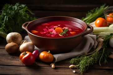 Healthy borscht with sour cream in a white plate on a wooden table in rustic style. National cuisine concept.