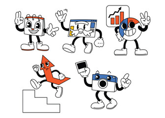 A set of retro mascot characters representing digital a concepts, tools, and analytics in a fun and dynamic style.