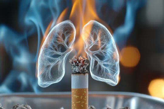 An evocative depiction of a cigarette, with smoke transforming into lungs, embodying the harmful effects of smoking while stimulating a dialogue about health and lifestyle choices.