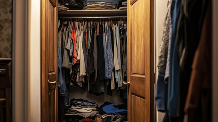 Tidy organized wardrobe with hanging clothes and folded items in neat closet - house cleaning concept.