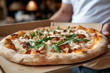 A person is seen holding a boxed pizza filled with fresh toppings, emphasizing the joy of sharing delicious food moments among friends and family.